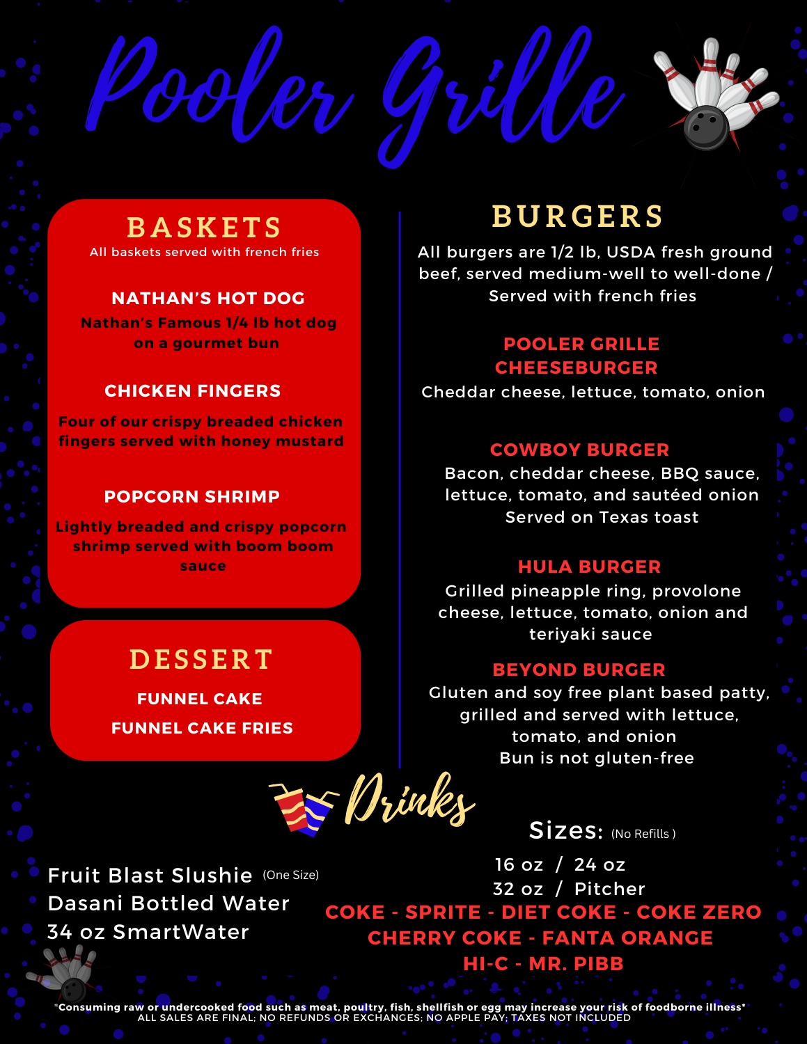 Frames N' Games Pooler Grille current public menu, page one